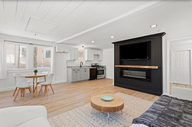 70 Broadway Dr, Amherst, NH 03031 - living room featuring light wood finished floors, attic access, and recessed lighting