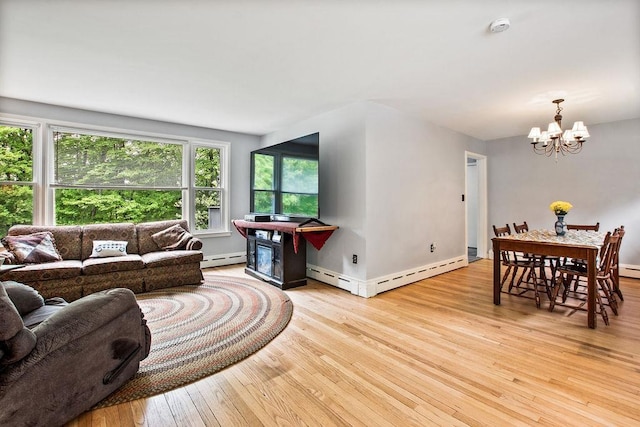 47 Dell Rd, Springfield, VT 05156 - living area featuring a baseboard radiator, a chandelier, light wood-style floors, and baseboards