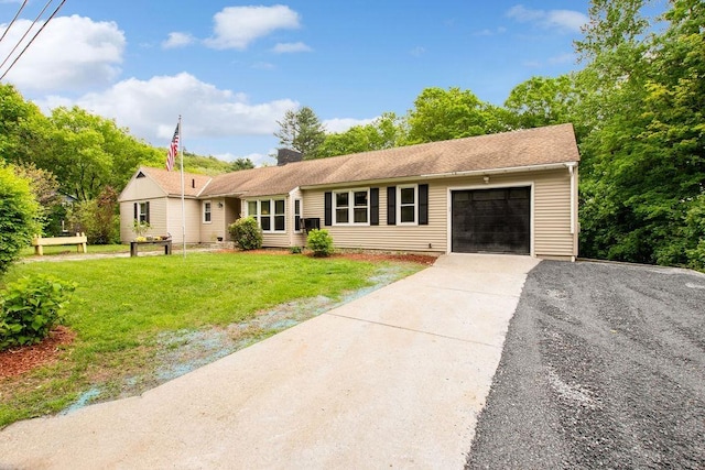 47 Dell Rd, Springfield, VT 05156 - ranch-style home featuring driveway, an attached garage, a front lawn, and a chimney