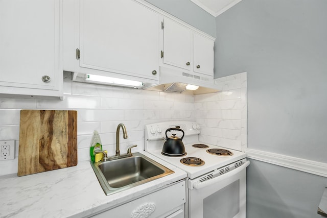 375 Endicott N St Unit 103, Laconia, NH 03246 - kitchen with white electric range, a sink, under cabinet range hood, light countertops, and white cabinets