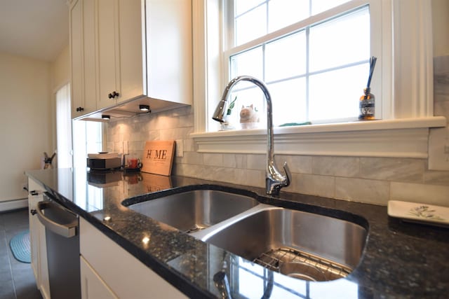 190 Ryans Way, Fletcher, VT 05448 - kitchen with a sink, dishwasher, white cabinets, tasteful backsplash, and dark stone counters