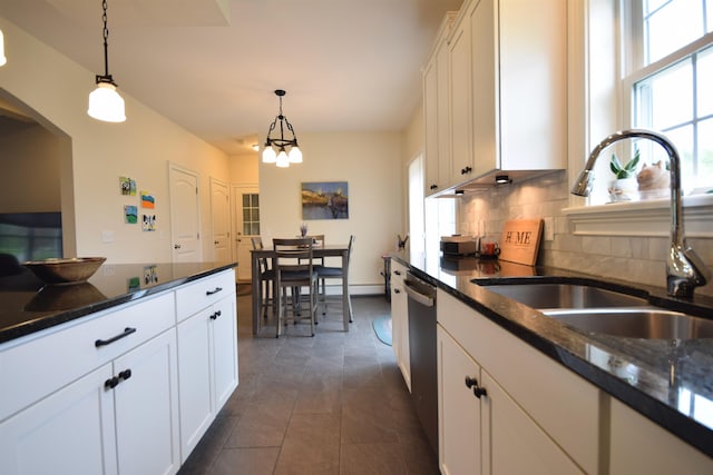 190 Ryans Way, Fletcher, VT 05448 - kitchen featuring a sink, dishwasher, tasteful backsplash, white cabinetry, and decorative light fixtures