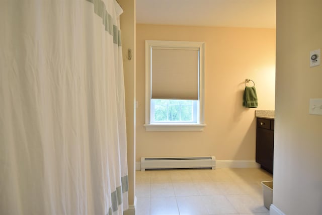 190 Ryans Way, Fletcher, VT 05448 - full bath featuring a baseboard radiator, vanity, baseboards, and tile patterned flooring