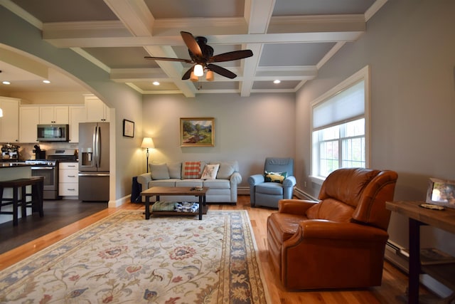 190 Ryans Way, Fletcher, VT 05448 - living room with arched walkways, beamed ceiling, a ceiling fan, wood finished floors, and coffered ceiling