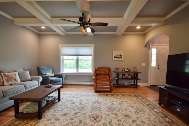190 Ryans Way, Fletcher, VT 05448 - living room featuring beam ceiling, a baseboard radiator, coffered ceiling, ceiling fan, and wood finished floors