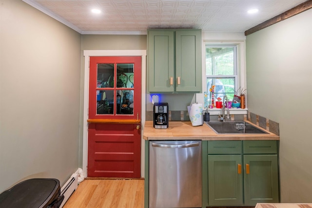 95 Main St, Wells River, VT 05081 - kitchen with green cabinets, dishwasher, a sink, light wood-style floors, and recessed lighting