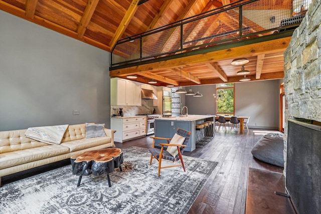 249 Falls Brook Ln, Stowe, VT 05672 - living area featuring wooden ceiling with exposed beams, high vaulted ceiling, dark wood finished floors, and baseboards
