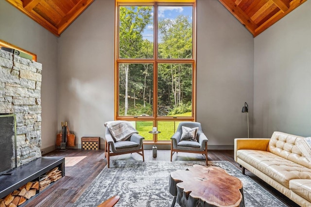 249 Falls Brook Ln, Stowe, VT 05672 - living area featuring wooden ceiling, lofted ceiling, plenty of natural light, and hardwood / wood-style floors