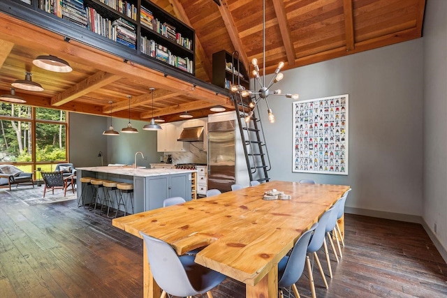 249 Falls Brook Ln, Stowe, VT 05672 - dining space with wooden ceiling, dark wood-style flooring, baseboards, and a chandelier