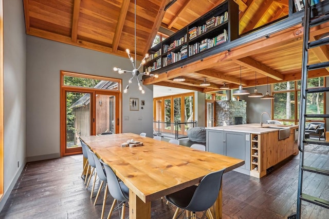 249 Falls Brook Ln, Stowe, VT 05672 - dining area with wooden ceiling, dark wood-style flooring, and baseboards
