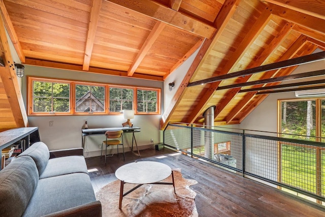 249 Falls Brook Ln, Stowe, VT 05672 - living area featuring hardwood / wood-style flooring, healthy amount of natural light, a desk, and wooden ceiling