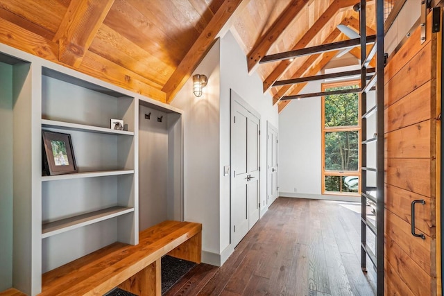 249 Falls Brook Ln, Stowe, VT 05672 - mudroom with dark wood finished floors, baseboards, and wood ceiling