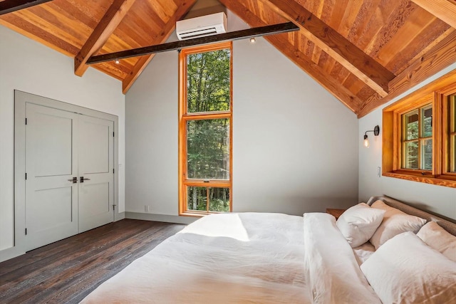 249 Falls Brook Ln, Stowe, VT 05672 - bedroom with a wall mounted AC, dark wood-style floors, wood ceiling, and baseboards