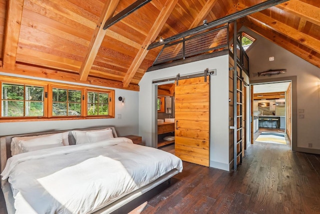 249 Falls Brook Ln, Stowe, VT 05672 - bedroom featuring a barn door, dark wood-style flooring, and wood ceiling