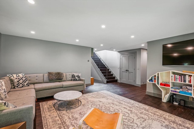 249 Falls Brook Ln, Stowe, VT 05672 - living room with stairway, wood finished floors, recessed lighting, and baseboards
