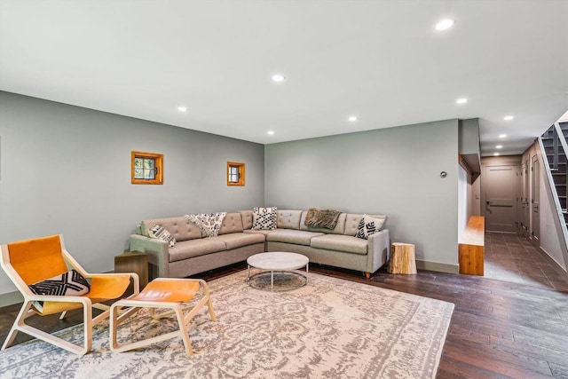 249 Falls Brook Ln, Stowe, VT 05672 - living area with recessed lighting, dark wood finished floors, stairs, and baseboards