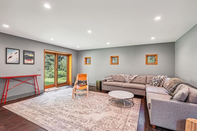249 Falls Brook Ln, Stowe, VT 05672 - living room featuring recessed lighting, dark wood-style flooring, and baseboards