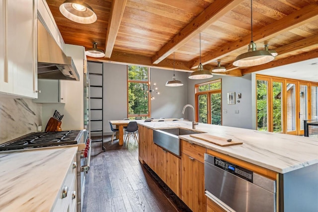 249 Falls Brook Ln, Stowe, VT 05672 - kitchen featuring a sink, appliances with stainless steel finishes, wooden ceiling with exposed beams, wall chimney range hood, and dark wood-style flooring
