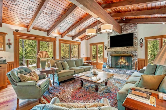 87 Deerpath Rd, New London, NH 03257 - living room with wooden ceiling, a wainscoted wall, light wood-style floors, a fireplace, and wooden walls