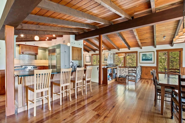 87 Deerpath Rd, New London, NH 03257 - kitchen with stainless steel built in refrigerator, dark wood-style floors, wooden ceiling, tasteful backsplash, and a wainscoted wall