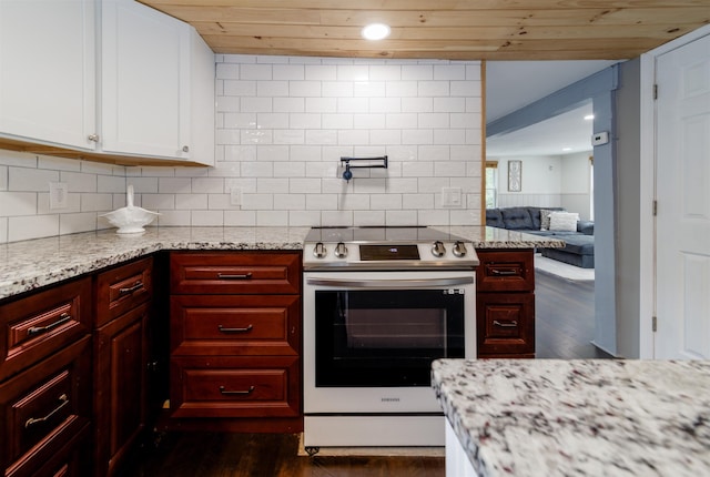 140 Thurber Rd, Unity, NH 03773 - kitchen with electric range, dark wood-type flooring, wooden ceiling, backsplash, and recessed lighting