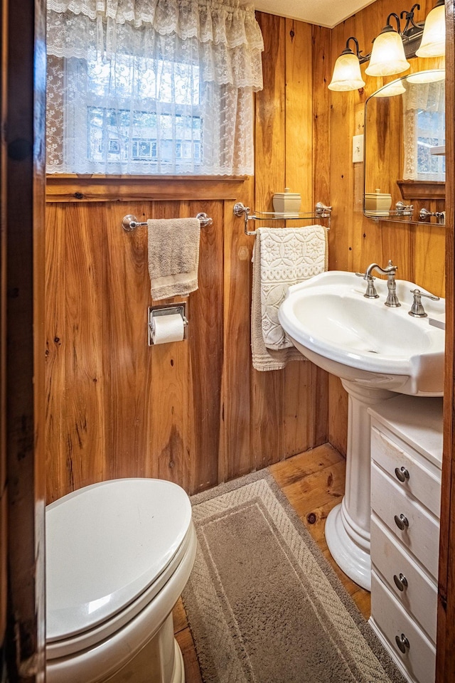 22 Kingsbury Dr, Milton, NH 03851 - half bathroom featuring wooden walls, toilet, and wood finished floors