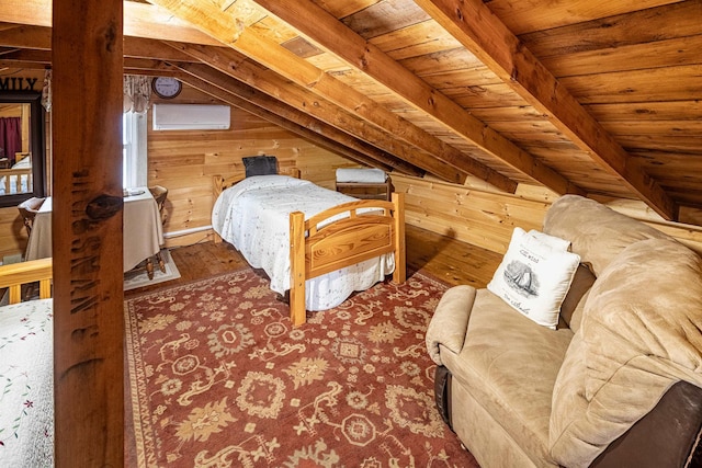 22 Kingsbury Dr, Milton, NH 03851 - bedroom with wooden walls, lofted ceiling, wooden ceiling, a wall unit AC, and wood finished floors