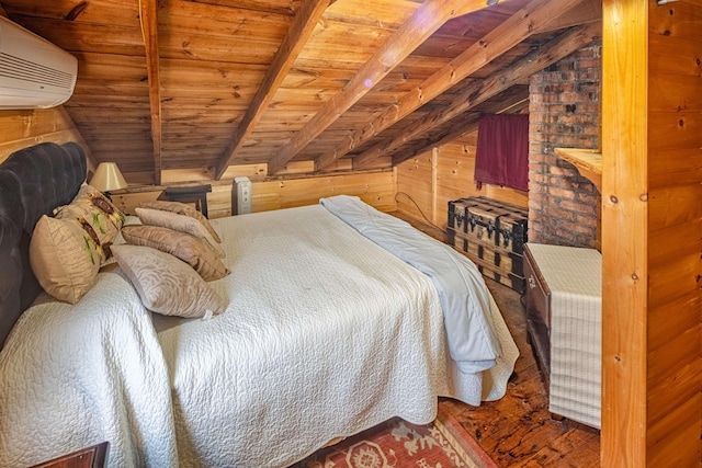 22 Kingsbury Dr, Milton, NH 03851 - bedroom with wood ceiling with exposed beams, an AC wall unit, and wood walls