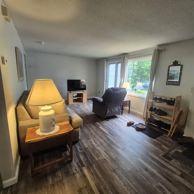 16 Oakwood Dr Unit 16, Claremont, NH 03743 - living area featuring dark wood-style flooring, a textured ceiling, and baseboards