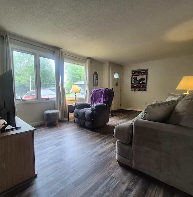 16 Oakwood Dr Unit 16, Claremont, NH 03743 - living area featuring a textured ceiling, dark wood finished floors, and baseboards