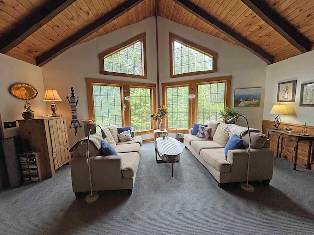 32 Christie Ln, Brattleboro, VT 05301 - carpeted living area featuring wooden ceiling with exposed beams and high vaulted ceiling