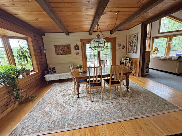 32 Christie Ln, Brattleboro, VT 05301 - dining space featuring wood ceiling with exposed beams, a chandelier, healthy amount of natural light, wood walls, and wood finished floors