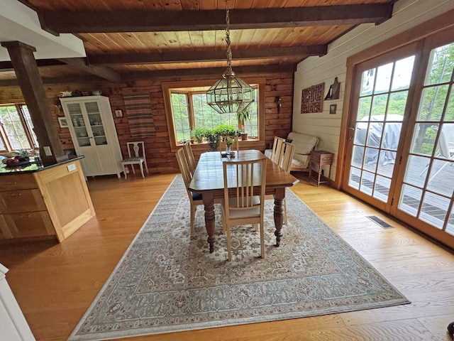 32 Christie Ln, Brattleboro, VT 05301 - dining room featuring wood ceiling with exposed beams, wood finished floors, wood walls, a chandelier, and log walls