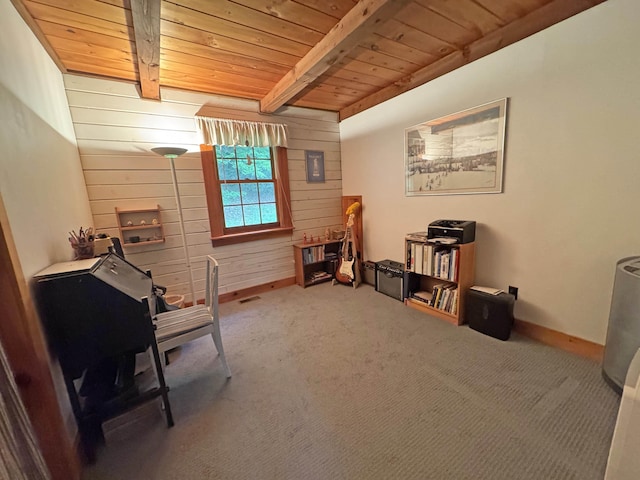 32 Christie Ln, Brattleboro, VT 05301 - living area featuring wooden walls, wooden ceiling with exposed beams, carpet, and baseboards