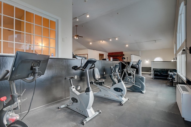 1-O River Run Rd Unit 0, Bartlett, NH 03812 - exercise room with a ceiling fan and vaulted ceiling