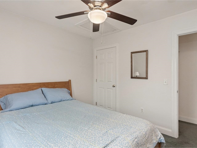 8 Checkerberry Sq Unit 106, Milton, VT 05468 - bedroom with attic access, dark colored carpet, baseboards, and a ceiling fan