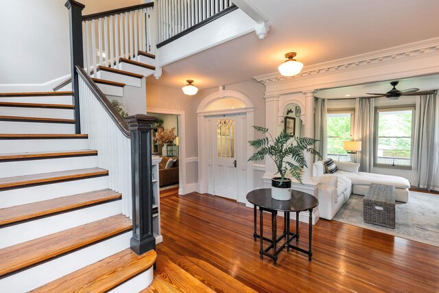 120 S Mast St, Goffstown, NH 03045 - foyer with hardwood / wood-style floors, stairs, a ceiling fan, and ornamental molding