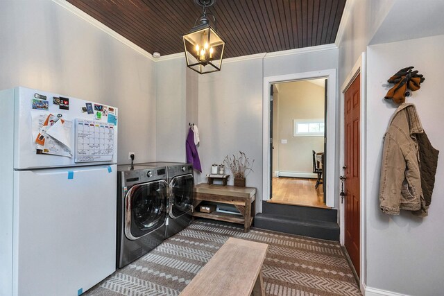 120 S Mast St, Goffstown, NH 03045 - laundry room with washer and clothes dryer, crown molding, a chandelier, carpet flooring, and wooden ceiling