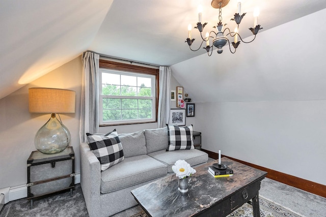 120 S Mast St, Goffstown, NH 03045 - living area featuring vaulted ceiling, baseboards, a chandelier, and a baseboard radiator