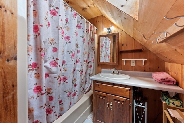 50 Browns Beach Rd, Bristol, NH 03222 - full bath featuring lofted ceiling, vanity, shower / bath combo, wood walls, and wooden ceiling