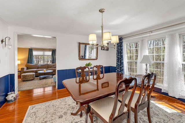 26 Birch Hill Estates Rd, Wolfeboro, NH 03894 - dining area featuring a chandelier, wainscoting, wood finished floors, a textured ceiling, and crown molding