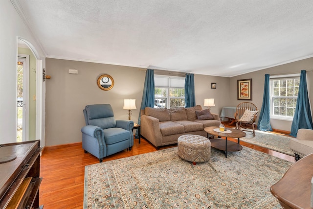 26 Birch Hill Estates Rd, Wolfeboro, NH 03894 - living area with wood finished floors, healthy amount of natural light, a textured ceiling, ornamental molding, and arched walkways