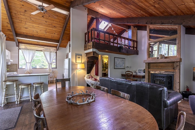 46 Murray Hill Heights Rd Unit 17, Manchester, VT 05255 - dining room featuring wood ceiling, hardwood / wood-style flooring, a fireplace, and a ceiling fan