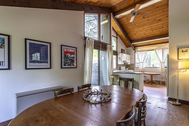 46 Murray Hill Heights Rd Unit 17, Manchester, VT 05255 - dining space featuring wood ceiling with exposed beams, hardwood / wood-style floors, ceiling fan, and high vaulted ceiling