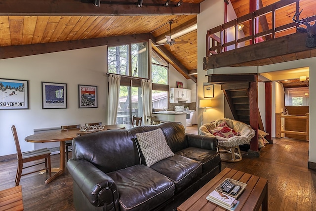 46 Murray Hill Heights Rd Unit 17, Manchester, VT 05255 - living room with wooden ceiling with exposed beams, wood-type flooring, high vaulted ceiling, stairway, and baseboards