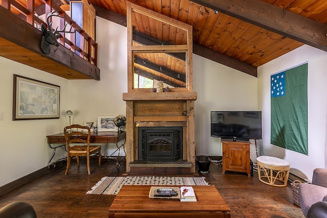 46 Murray Hill Heights Rd Unit 17, Manchester, VT 05255 - living area featuring wooden ceiling, wood-type flooring, baseboards, and a fireplace with raised hearth