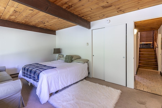 46 Murray Hill Heights Rd Unit 17, Manchester, VT 05255 - bedroom with wooden ceiling with exposed beams, carpet floors, a baseboard radiator, a closet, and cooling unit