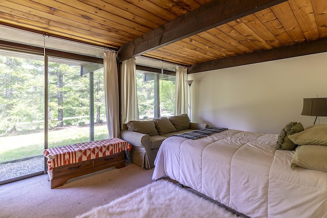 46 Murray Hill Heights Rd Unit 17, Manchester, VT 05255 - bedroom featuring carpet flooring, access to exterior, and wooden ceiling with exposed beams