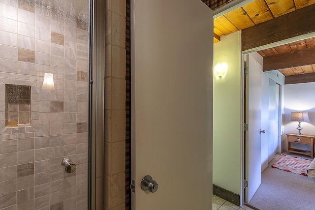 46 Murray Hill Heights Rd Unit 17, Manchester, VT 05255 - full bathroom with wooden ceiling with exposed beams and a shower stall