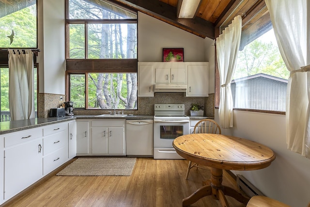 46 Murray Hill Heights Rd Unit 17, Manchester, VT 05255 - kitchen with white appliances, a sink, under cabinet range hood, a baseboard heating unit, and backsplash